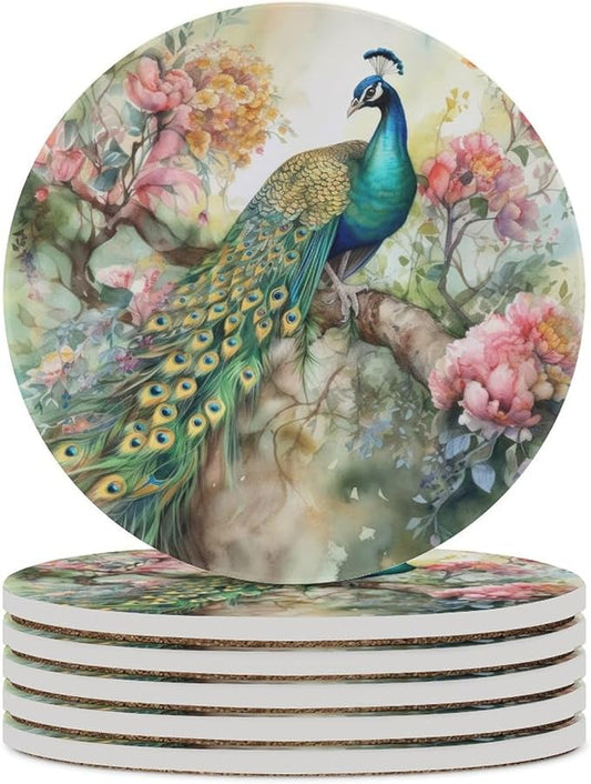 Round-6PCS Peacock Drink Coasters, Round Modern Ceramic Absorbent Coasters, Vintage Watercolor Style Floral Beautiful Peacock Decor Desk Coffee Table Coaster for Beverage Cup Tea Coasters
