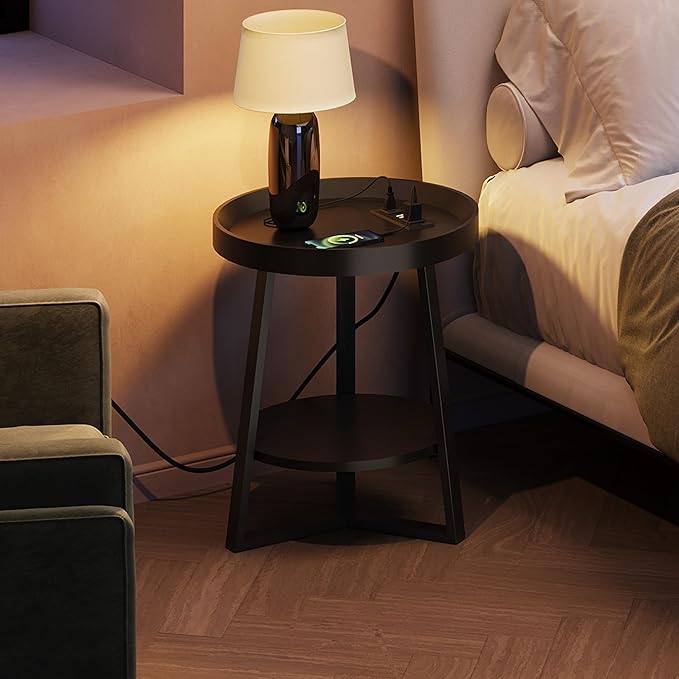 WLIVE Round End Table with Charging Station, Small Round Coffee Table, 2 Tier Side Table for Living Room/Bedroom, Sofa Couch, Wood Tabletop & Metal Frame, Black