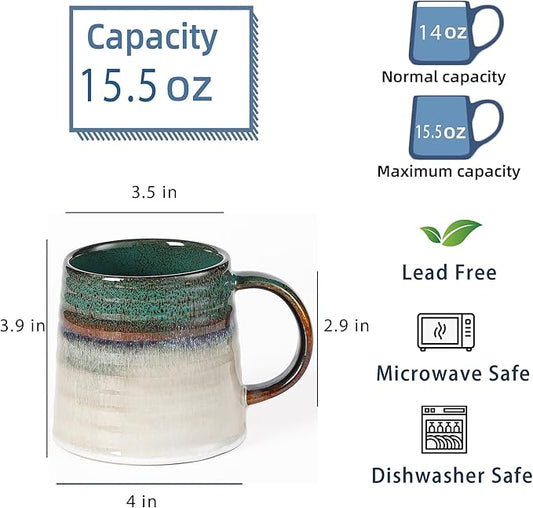 Large Ceramic Coffee Mug, Handmade Pottery Mugs, Tea Cups with Big Handle for Office and Home, 15.5 oz, Dishwasher and Microwave Safe (Blue Green)