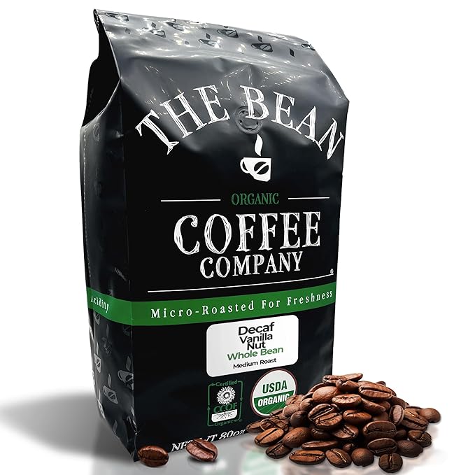 The Bean Organic Coffee Company Water Processed DECAF Vanilla Nut, Medium Roast, Whole Bean Coffee, 5-Pound Bag