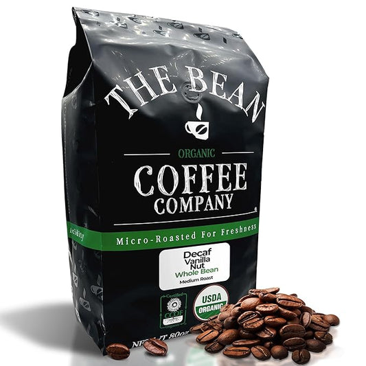 The Bean Organic Coffee Company Water Processed DECAF Vanilla Nut, Medium Roast, Whole Bean Coffee, 5-Pound Bag
