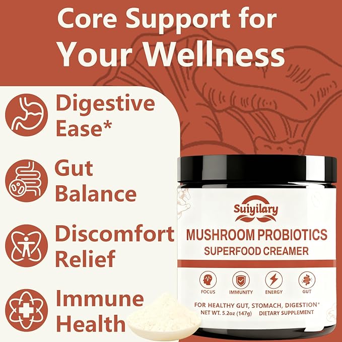Mushroom Probiotic Coffee Creamer, 10 Mushrooms Creamer with Probiotics, Lion’s Mane, Cordyceps, Reishi, Turkey Tail, Shiitake for Gut, Digestion, Gluten Free 21 Serving