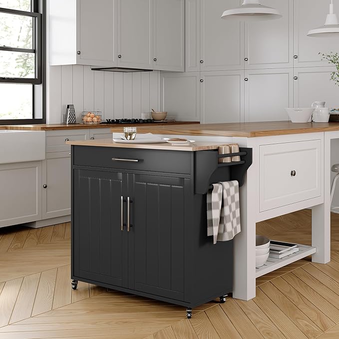 Wood Kitchen Island with Storage, Rolling Kitchen Island On Wheels, Mobile Kitchen Island Trolley Cart Sideboard Cabinet with Towel Rack, Spice Rack, Adjustable Shelf, Wooden Top & Large Drawer, Black