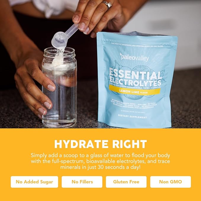 Paleovalley Essential Electrolytes Powder - Full Spectrum Lemon Lime Electrolyte Powder for Hydration, Energy and Muscle Recovery - No Sugar Added - 30 Servings