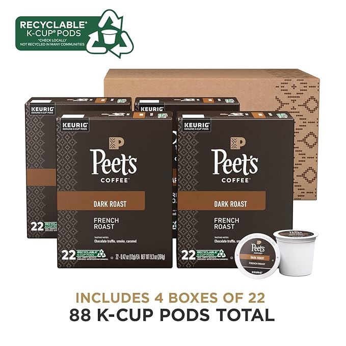Peet's Coffee, Dark Roast Keurig K-Cup Pods, 100% Arabica Coffee - French Roast 88 Count (4 Boxes of 22 Pods)