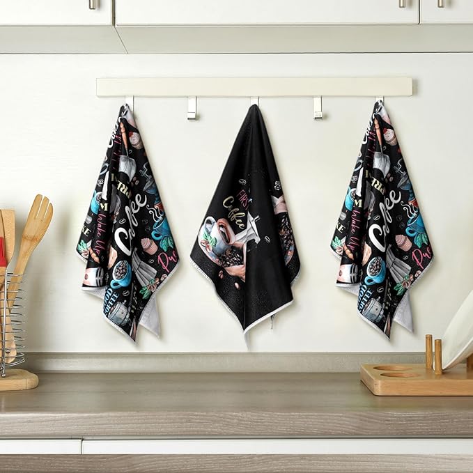 Ferraycle 4 Pieces Kitchen Dish Cloths Coffee Kitchen Hand Towels Absorbent Tea Towels 24 x 16 Inches, Cafe Lover Gift Bar Decorative Dish Cloths Rags, for Farmhouse(Black,Coffee Time)