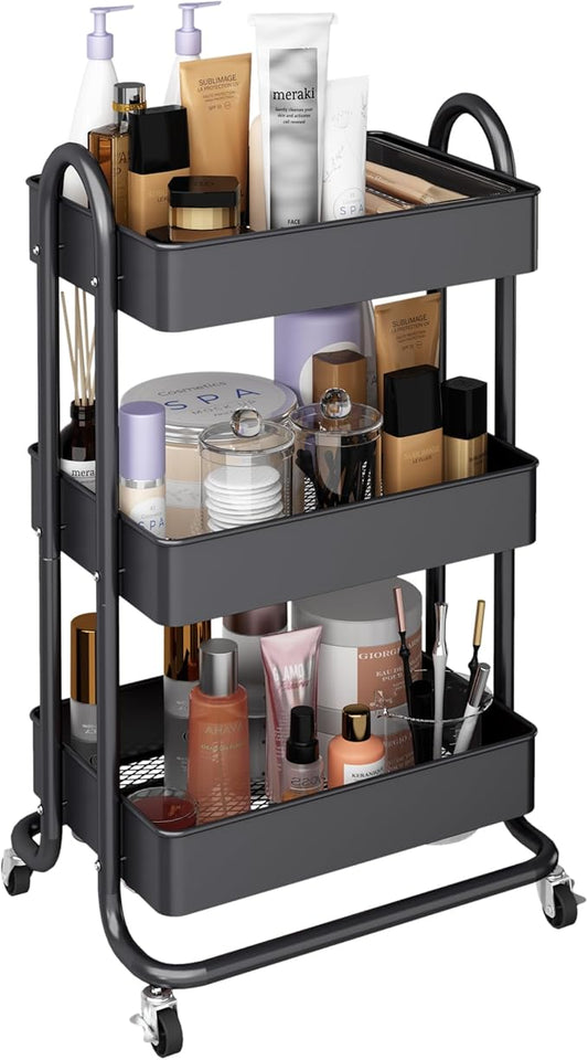 MIOCASA 3-Tier Metal Utility Rolling Cart, Heavy Duty Multifunction Cart with Lockable Casters, Easy to Assemble, Suitable for Office, Bathroom, Kitchen, Garden (Dark Gray, 3-Tier-Metal)