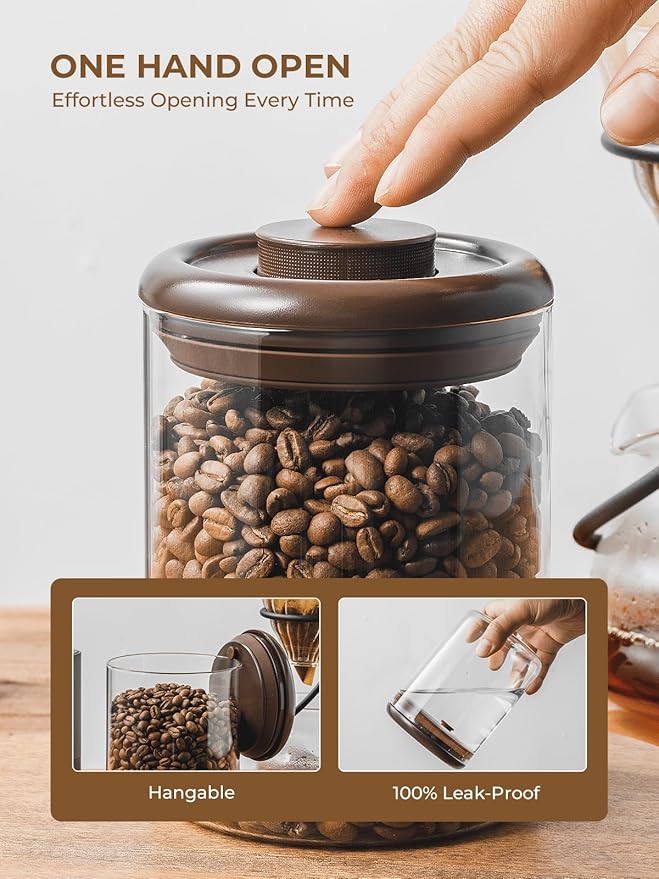 2 Pack Large Airtight Coffee Canisters with CO2 Valve - 21oz Borosilicate Glass Storage Containers for Fresh Coffee Beans & Grounds, with Air Tight Pop Lid