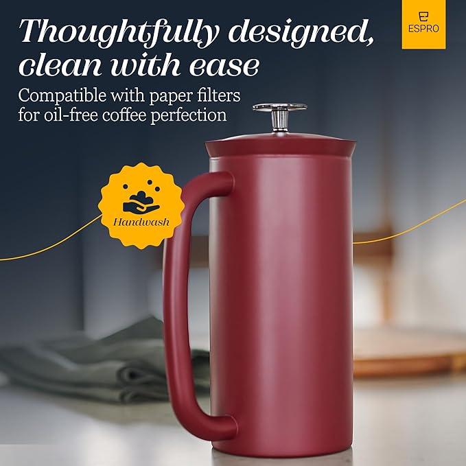 ESPRO P7 French Press Coffee Maker - Double-Walled Stainless Steel Insulated with Micro-Filter, 32 Ounces, Cranberry
