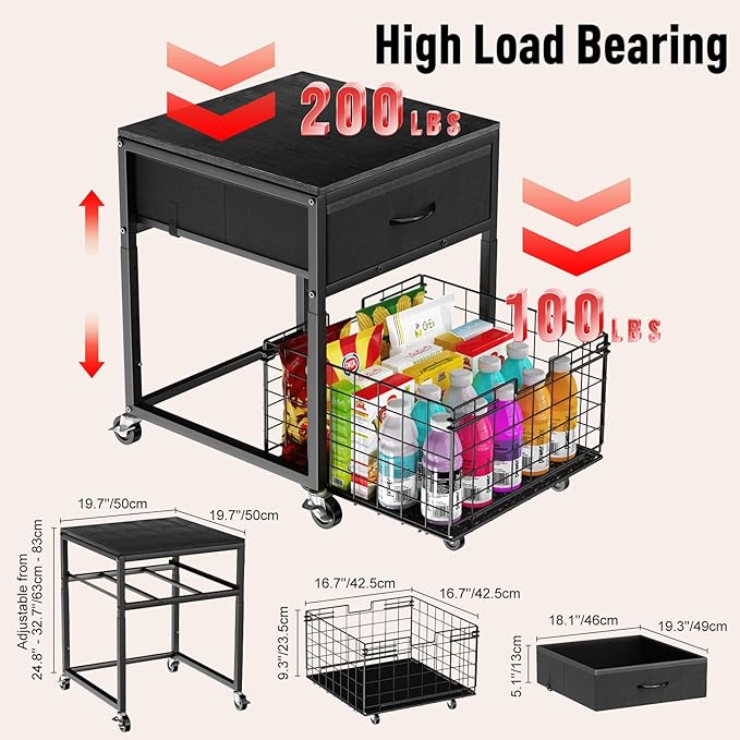 Housolution Mobile Mini Fridge Stand with Storage, Height-Adjustable Mini Beverage Fridge Table, Coffee Bar, 200 lbs Heavy-Duty Compact Refrigerator Shelf with Rolling Cabinet for Kitchen Home, Black