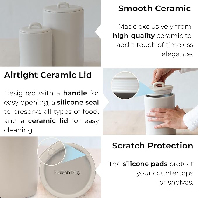 Ceramic Food Storage Jars 37Oz, Snack Containers, Airtight Lid, Kitchen Countertop Canisters for Grounds Coffee, Pods, Tea, Flour, Sugar, Rice, Pantry Organization, Containers set