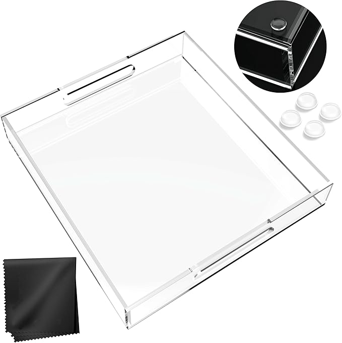 Acrylic Tray 12x12 with Cut Handles - Spill Proof Decorative Tray is an Ideal Countertop Organizer for Living Rooms, Ottoman Coffee Tables, Offices, Kitchens & Serving Guests