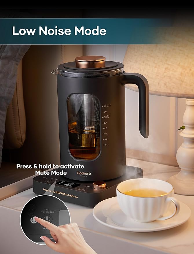 Electric Tea Kettle, Electric Kettle with Tea Infuser, ±1℉ Knob Temperature Control, BPA-Free Glass, 1200W Fast Heating, Easy to Clean, 1 Liter (Dark Gray)