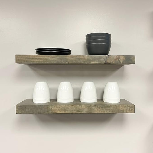 URBANDI, Rustic Floating Shelves, Set of 2, Hidden Bracket, Solid Wood, Heavy Duty, Wall Mounted Shelves, (Grey, 12Wx6D)