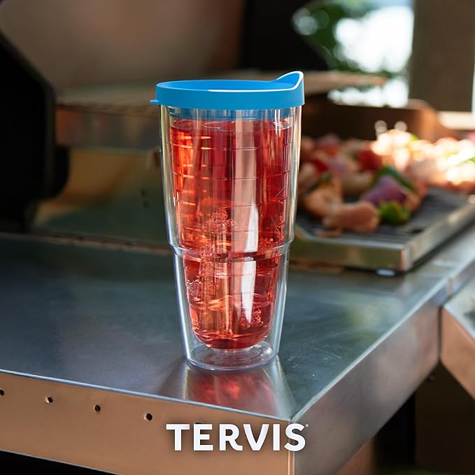 Tervis Clear & Colorful Tabletop Made in USA Double Walled Insulated Tumbler Travel Cup Keeps Drinks Cold & Hot, 24oz, Red