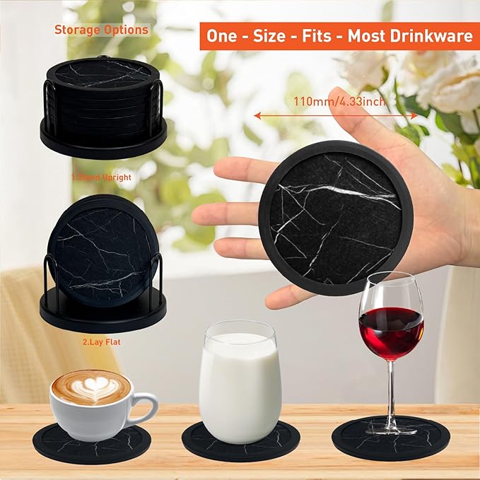 Set of 6 Non-Slip Silicone Coasters with Holder, Double-Sided Absorbent for Hot/Cold Drinks, Scratch & Water Ring Protection for Wood Tables, Home Office Bar, Black Gold Marble (Black White Pattern)