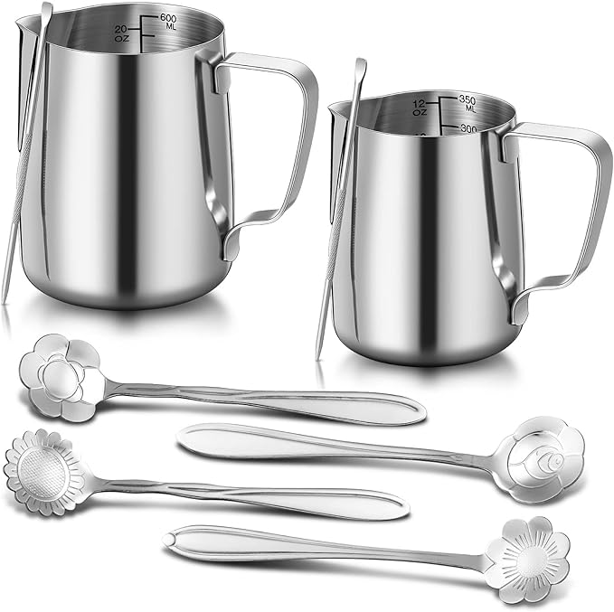 Irenare 2 Pcs Milk Frothing Pitcher 12 Oz and 20 Oz Stainless Steel Milk Frother Cup with 4 Floral Dessert Coffee Spoons 2 Decorating Art Pens Espresso Accessories Set for Kitchen Cafe Bar(Silver)