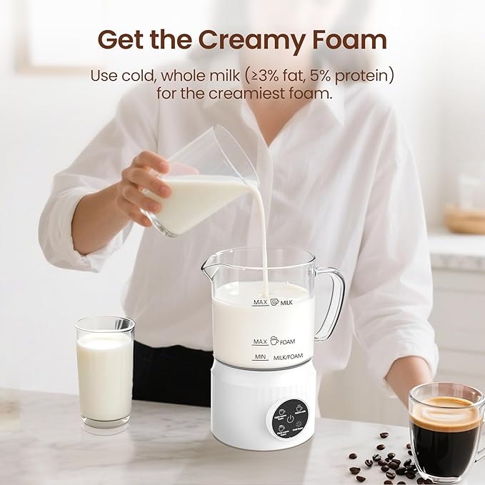 4-in-1 Milk Frother, Electric Milk Frother and Steamer with LED Touch Screen, Ceramic Lining Bottom, Milk Warmer 13.52oz for Lattes, Cappuccinos, and Macchiatos at Home, White