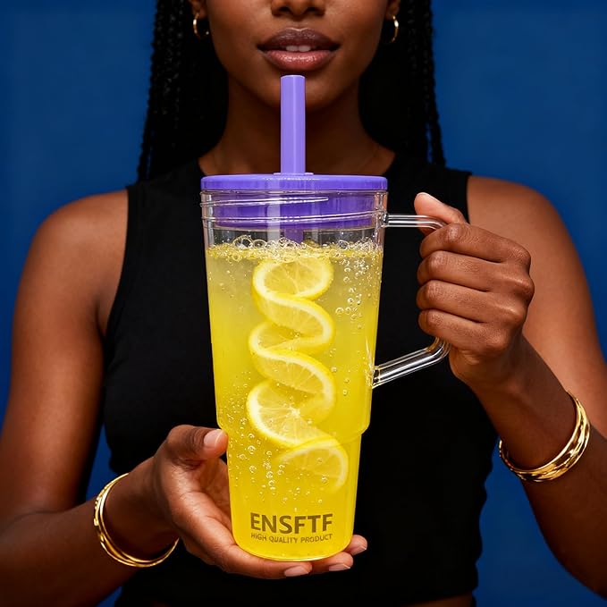 40oz Insulated Clear Tumbler with Handle and Lid & Straw, Reusable Travel Mug for Cold and Hot Drinks, Double-Wall Plastic Water Bottle | Crystal-Clear | Car Cup Holder Fit | Leakproof | BPA-Free