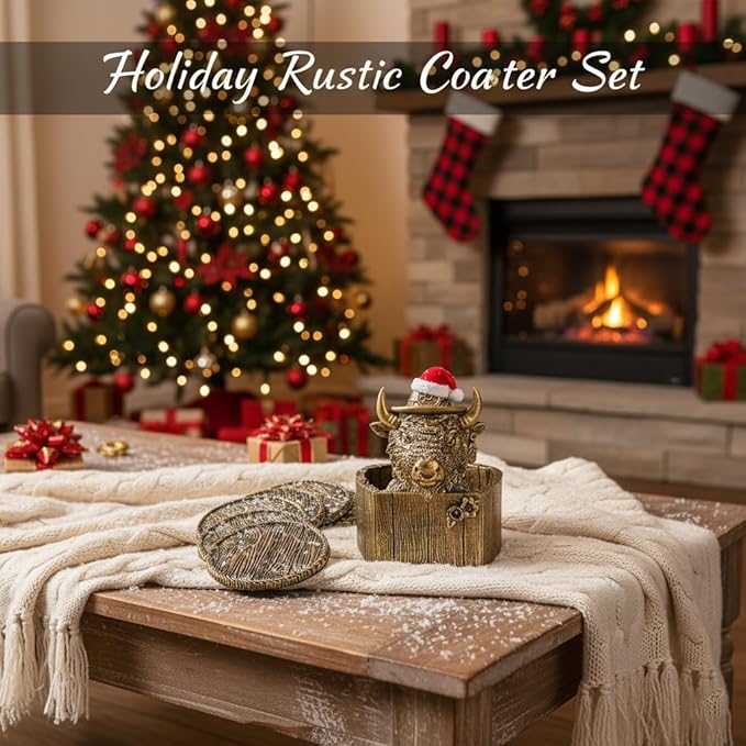Cabin Coasters Set 6 Full Size Non-Slip Bar Coasters, Indoor Christmas Decorations, Man Cave Gifts for Men, Rustic Handmade Decor for The Home (Buffalo)
