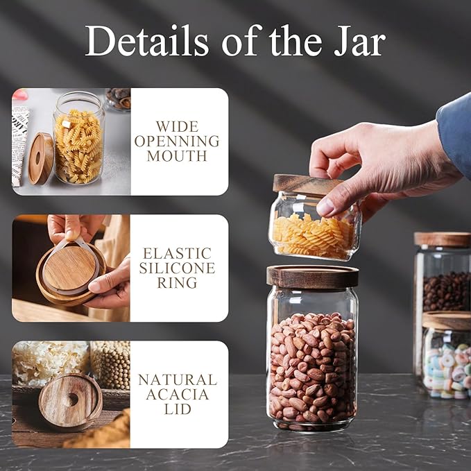 Glass Jars with Airtight Wood Lids - Small Large Kitchen Pantry Storage Containers, Canisters for Spaghetti, Noodles, Pasta, Ground Coffee, Sugar, Cereal, Spice, Salt, Salad, Matcha, Set of 5