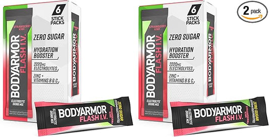BODYARMOR Flash IV Electrolyte Packets, Strawberry Kiwi - Zero Sugar Drink Mix, Coconut Water Powder (6 Count) (Pack of 2)