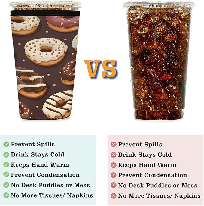 Food Donuts Pattern Iced Coffee Sleeve for Cold Drink Cups, Reusable Neoprene Insulated Drink Sleeves Cup Cover for Beverages, Fits 32 oz