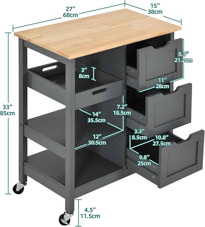 YITAHOME Small Solid Wood Top Kitchen Island Cart on Wheels with Storage, Rolling Portable Dining Room Serving Utility Carts Mobile Movable with 3 Drawers Cabinet, Gray