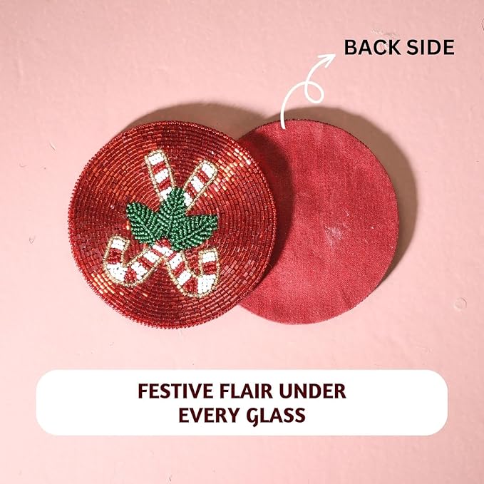 Folkulture Hand-Crafted Holiday Magic Beaded Coasters Set of 4 | Handmade Round Drink Coasters for Coffee Table & Bar | Boho Table Décor | Housewarming, Valentine Gifts
