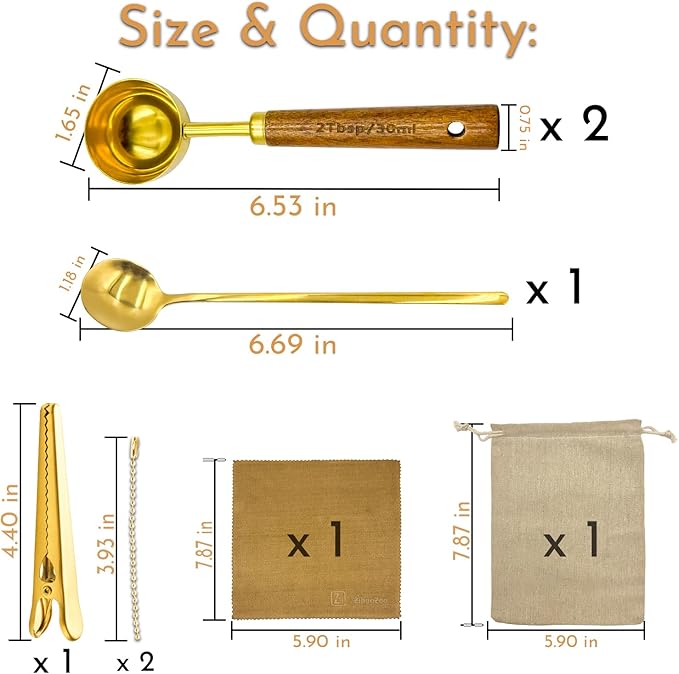 Gold Coffee Scoop with Wooden Handle, 2 Tablespoon / 30 ml, 304 Stainless Steel Measuring Spoon for Ground Coffee, Espresso, Tea, Protein Powder, Spices (6 Pack Set)