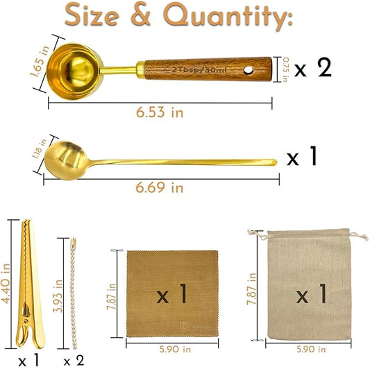 Gold Coffee Scoop with Wooden Handle, 2 Tablespoon / 30 ml, 304 Stainless Steel Measuring Spoon for Ground Coffee, Espresso, Tea, Protein Powder, Spices (6 Pack Set)