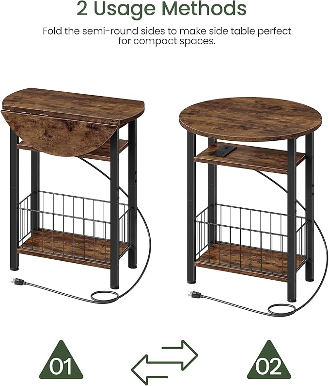 Folding Side Table, Side Table with Charging Station, 3-Tier Narrow End Table with Folding Top, Round Side Table for Small Spaces, for Living Room, Bedroom, Rustic Brown TBZ10UBF