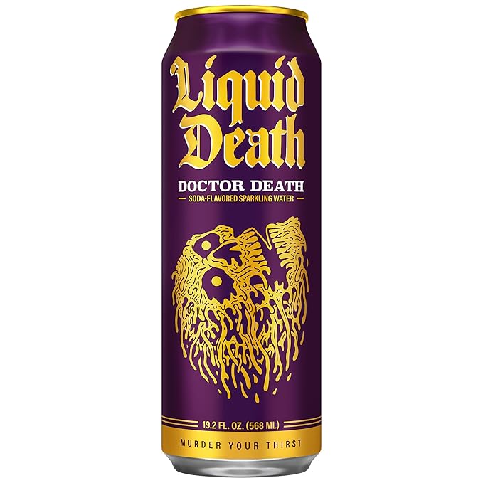 Liquid Death Soda-Flavored Sparkling Water - Doctor Death (Cherry, Cream, Spice), Less Sugar*, Huge Flavor, No Caffeine, No Artificial Sweeteners, King Size 19.2 Fl Oz (Pack of 12)
