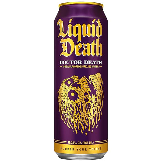 Liquid Death Soda-Flavored Sparkling Water - Doctor Death (Cherry, Cream, Spice), Less Sugar*, Huge Flavor, No Caffeine, No Artificial Sweeteners, King Size 19.2 Fl Oz (Pack of 12)