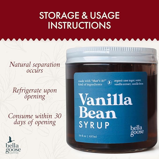 Bella Goose Vanilla Bean Coffee Syrup Jar (16oz) - Homemade Pure Cane Sugar Syrup for Lattes & Desserts - Clean Ingredient - No Artificial Flavors, Oils, Syrups for Coffee Drinks, 32 Servings