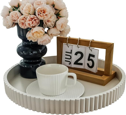 Round Decorative Tray for Coffee Table Decor, 11.8in Cream White Decorative Serving Tray for Kitchen Counter,bandejas decorativas, Wooden Serving Tray for Party