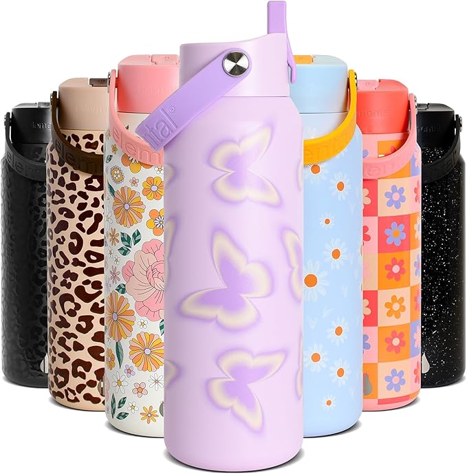 Elemental 40oz Insulated Water Bottle with Straw - 100% Leak-Proof Stainless Steel Core Water Bottles for Travel, Sports and Gym - Double Wall Insulation & BPA Free - Butterfly Kiss