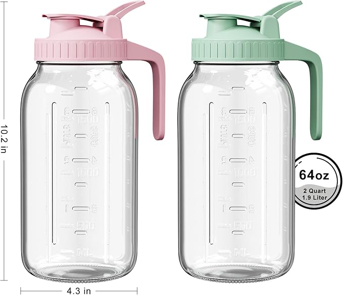 2 Pack - 64oz Glass Breast Milk Pitcher with Lid & Spout, Leakproof Mason Jar Breastmilk Pitcher - Wide Mouth, Airtight 2 Quart Water Jug for Milk Storage, Breastmilk, Sun Tea, Iced Coffee, Juice