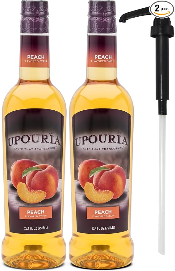Upouria Peach Syrup Flavoring, 100% Vegan, Gluten-Free, Kosher, 750ml bottle (Pack of 2) with 1 Syrup Pump