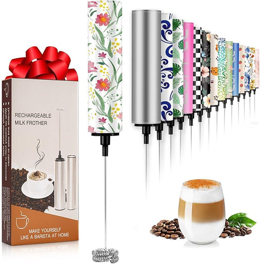 Milk Frother Handheld Rechargeable - 2-Speed Electric Whisk with 5 Detachable Heads (Frother/Mixer/Whisk) for Coffee, Latte, Cappuccino & Matcha, Drink Mixer (Flower 16)