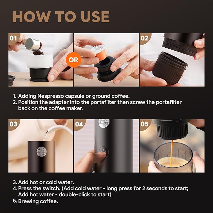 Portable Espresso Machine Mini 19Bar Rechargeable 2-in-1 Multi-Function Electric Coffee Machine One Key Extraction Compatible with NS Capsules and Ground Coffee for Office Home 7800MAH (Black)