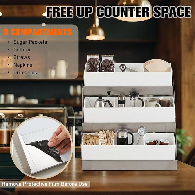 Maxdot Coffee Station Organizer, 3-Tier Stainless Steel Condiment Station with Acrylic Bins, Condiment Organizer for Countertop Station13.4"x11.4"x12.4" for Coffee Bar Shops Kitchen Restaurants Bar
