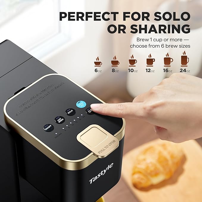 Tastyle Single Serve Coffee Maker, Iced and Hot Coffee Machine for K Cup & Grounds, Compact Design, 40oz Removable Water Reservoir, 6 to 24 Oz Brew Sizes, Fits 7.3" Travel Mug, Black+Gold