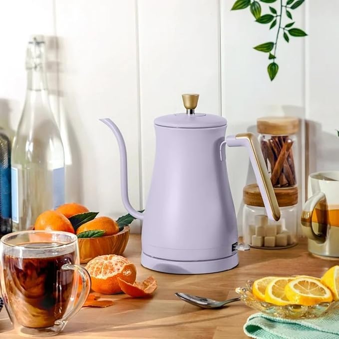 Electric Gooseneck Kettle 1 Liter 1200W, Stainless Steel, Pour Over Coffee Tea, Auto Shut-Off, 360° Cordless Power Base (Lavender)