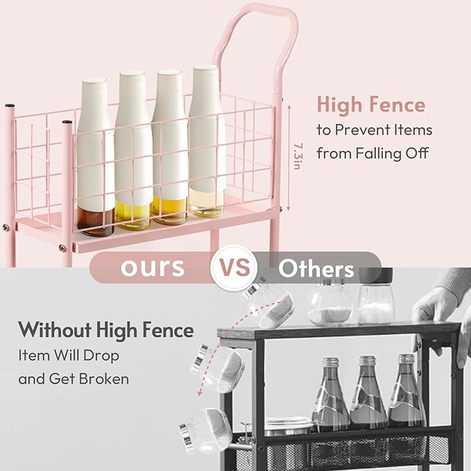 danpinera 4 Tier Slim Cart with Wheels, 7.7’’ Metal Skinny Rolling Storage Cart on Wheels for Kitchen, Bedroom, Office, Laundry Room, Small Narrow Spaces with Hooks and Cups, Pink