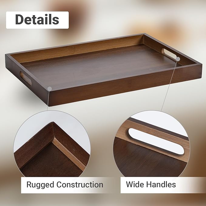 14.9''x10.2''x1.57'' Bamboo Wooden Tray with Handles, Rectangular Natural Solid Wood, Walnut Dark Brown Color Serving Tray.Suitable for Kitchen,Bedroom,Breakfast,Coffee,Decorative,Party Bars.