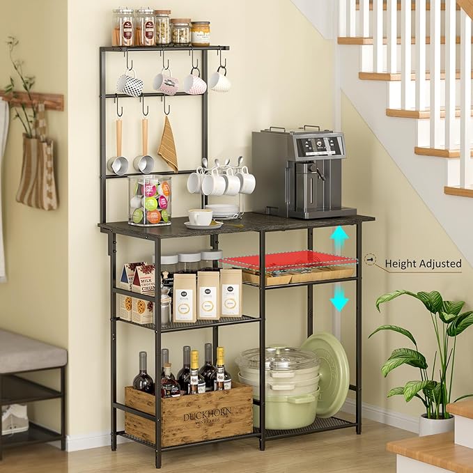 Baker's Rack for Kitchen with Storage, Microwave Stand with Adjustable Shelves, Kitchen Stand with 10 S Hooks, 6-Tier Coffee Bar Station, Storage Shelves for Spices, Pots, Gray