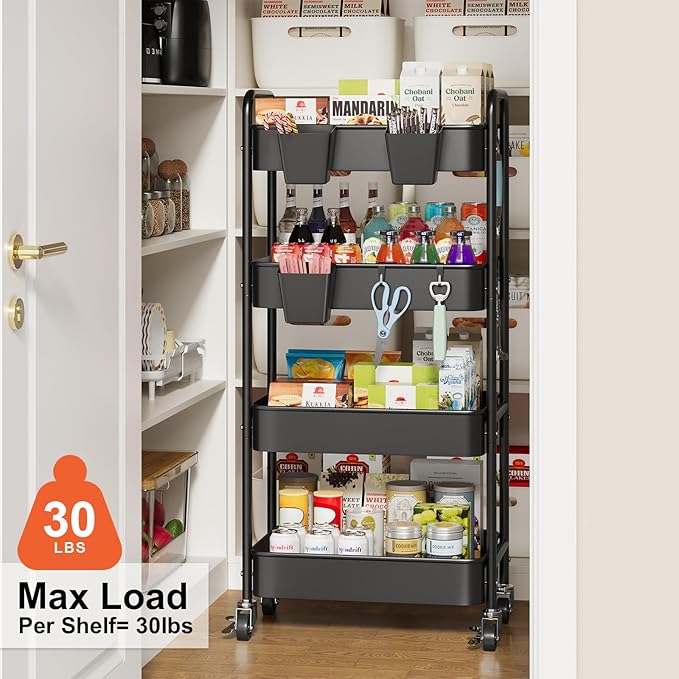 4 Tier Rolling Cart Metal with Wheels, Black Four Tiered Rolling Storage Cart on Wheels, Utility Roller Carts Organizer for Art, Craft, Baby Diaper Caddy, Snack, Book, Large-Capacity Shelving Units