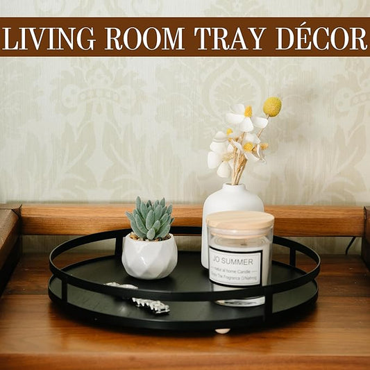 Defined Deco 12in Decorative Tray-Round Serving Tray with Metal Handle-Black Decorative Tray for Home Decor,Living Room Decor,Coffee Table Decor,Rustic Wooden Tray for Kitchen Table Decor,Dining Table