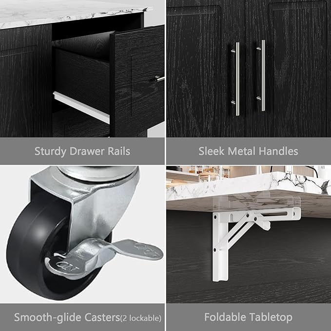 4 EVER WINNER Kitchen Island on Wheels, Island Table for Kitchen with Towel Rack & Spice Rack, Marble Tabletop, Kitchen Island with Drop Leaf, Black